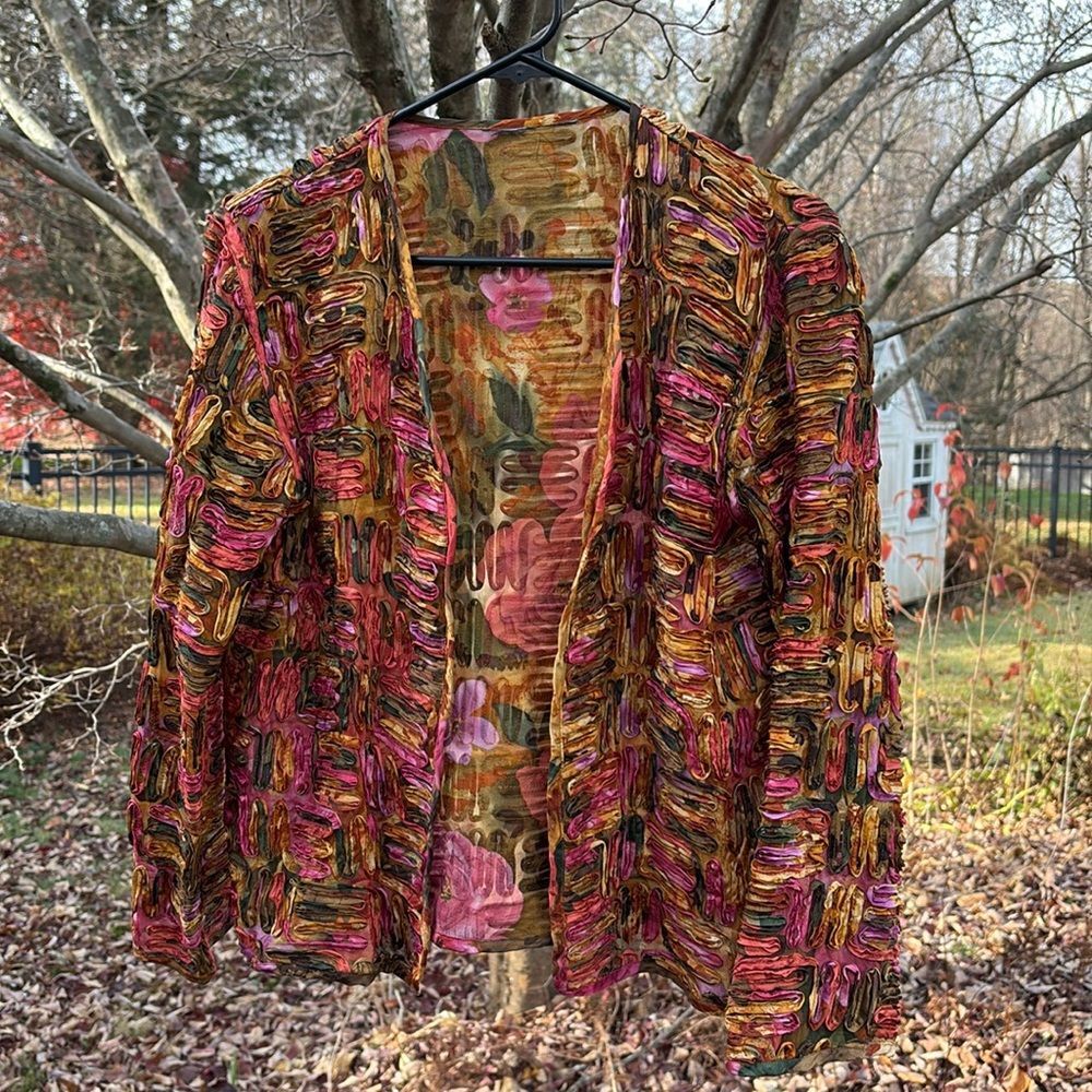 Chico’s open front abstract, floral silk jacket